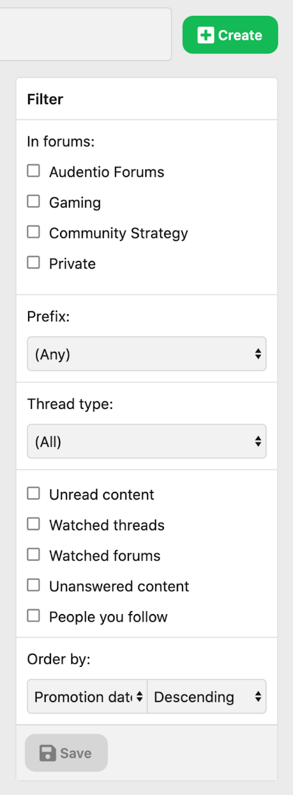 Example of the filter widget that is included within Feeds