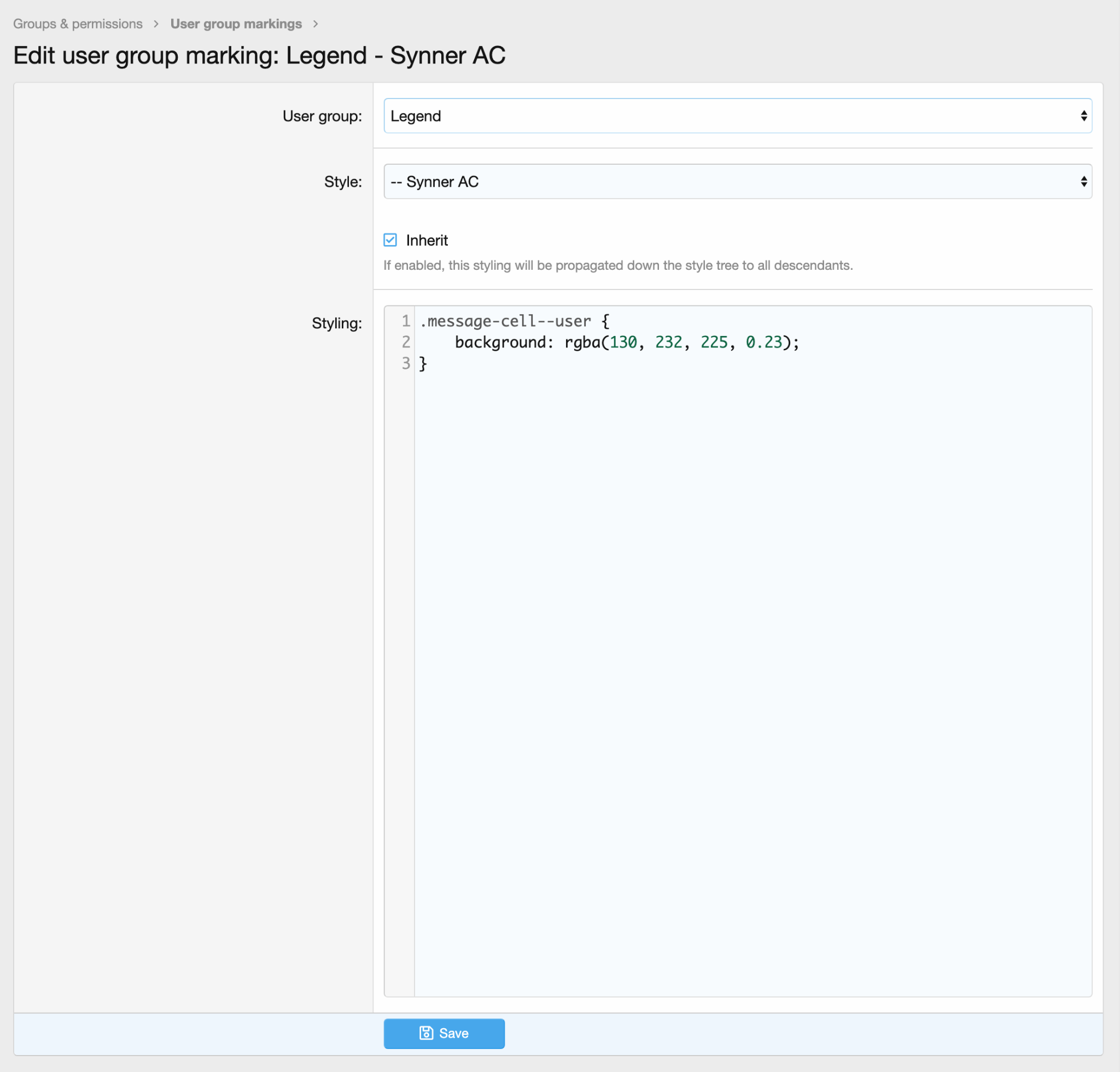  User Group Marking example of it being setup on the back-end 